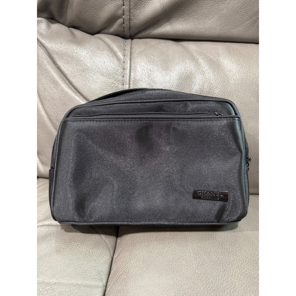 Chanel Parfums Black Satin Cosmetic Pouch Toiletry Bag Makeup Case Logo Lined